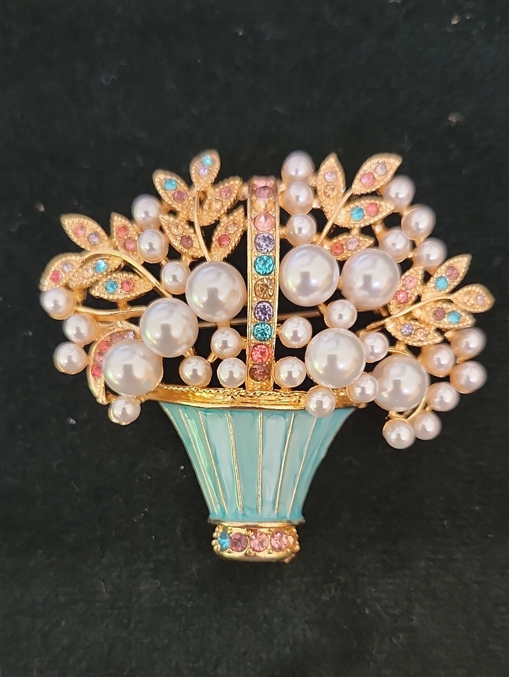 Gold-Tone Pearl & Pastel Crystal Flower Basket Brooch - Necklace Pendant